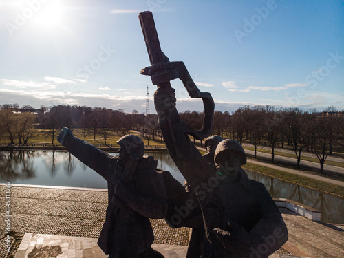 Aerial view near Victory monument on sunny day in Riga. Soviet architecture after World War 2 photo