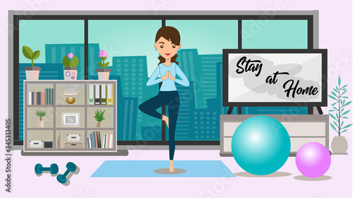 Vector illustration of staying at home while doing yoga to maintain physical fitness to avoid corona