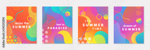 Bundle of modern vector summer posters with bright gradient background,shapes and geometric elements.Trendy abstract design perfect for prints,social media,banners,invitations,branding design,covers
