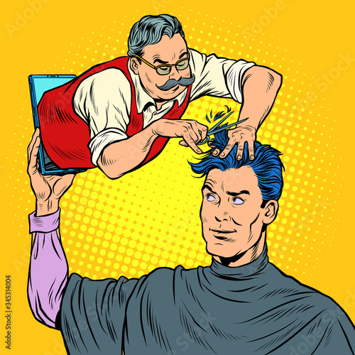 remote work online help. a male Barber makes a haircut
