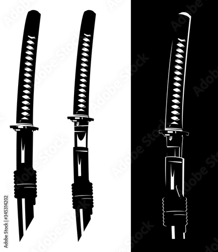 close up view of samurai katana sword in scabbard - japanese martial art black and white vector design set