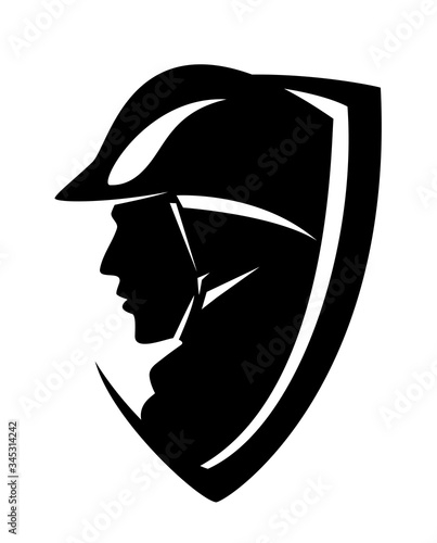 professional fireman wearing helmet - heraldic shield black and white vector design