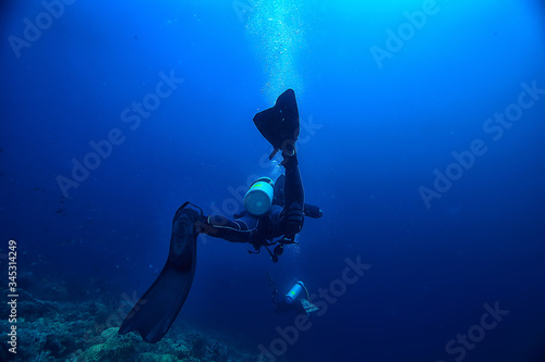 diver flippers view from the back underwater, underwater view of the back of a person swimming with scuba diving