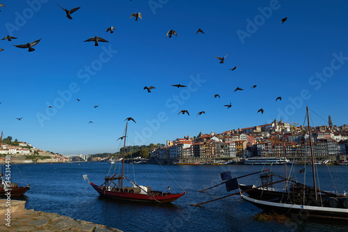 The traditional rabelo boat on the background of Porto