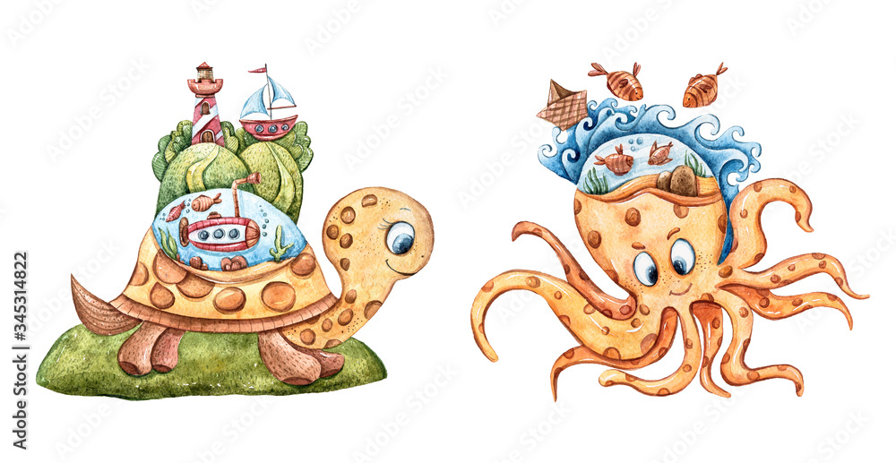 Obraz premium Watercolor nautical set. Hand painted cartoon characters clipart: turtle, octopus, submarine, lighthouse. Isolated objects on white background. Perfect for pattern, kid's room poster, book