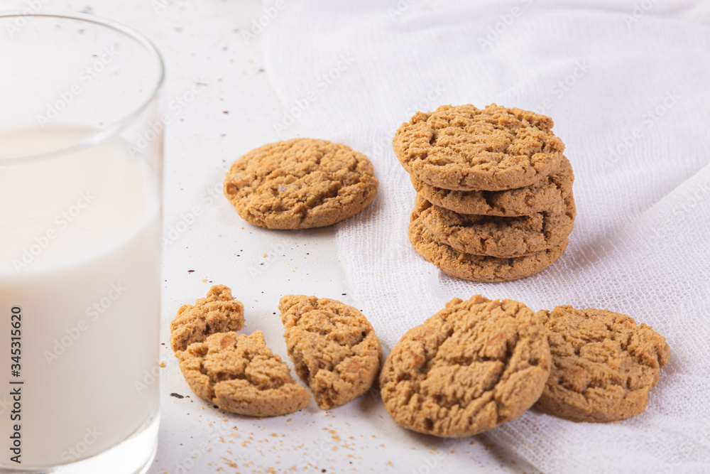 Breakfast with cookies and milk. White background Breakfast with cookies and milk. White background