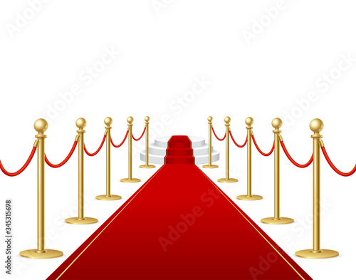 Realistic Detailed 3d Red Carpet, Barrier Rope and Stage. Vector