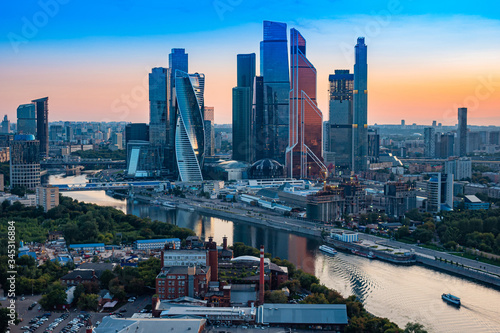 Moscow. Russia. Moscow city aerial view. New downtown in Moscow. Skyscrapers in the center of the capital. Panorama of the Russian city during sunset. Russian architecture. Tour in Russia.