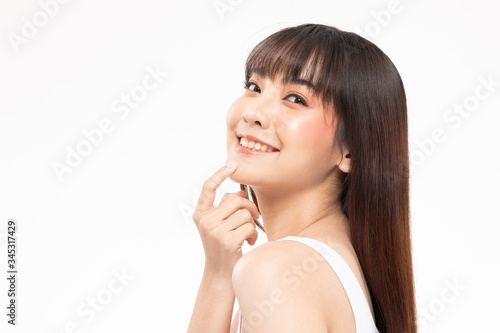Beautiful Young Asian Woman Looking While Touching Chin feeling so happy and cheerful with healthy Clean and Fresh skin on white ,Plastic Surgery chin,Beauty Cosmetics and spa facial treatment Concept