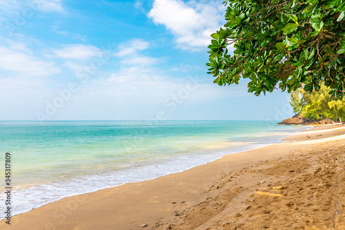 Beautiful summer beach at Koh Lanta island  Thailand. View from shadow of trees and palms growing in sand. Tropical paradise  vacation and relaxation. Turquoise sea  pure water. Vibrant colors.