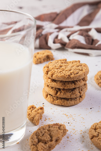 Breakfast with cookies and milk. White background