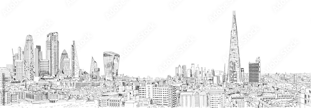 Sketch City of London business area view in 2020. Financial district with banks, office buildings and Thames river and London bridge. UK