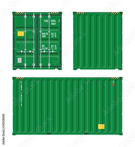 Green shipping cargo container for logistics and transportation Isolated on white background. Front, side back view.