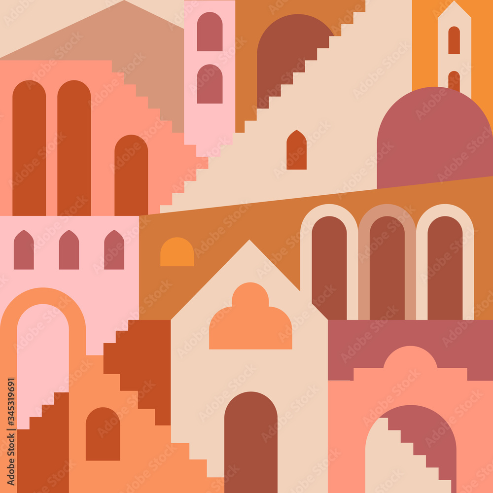 Contemporary aesthetic background with flat geometry architecture, Moroccan stairs, walls, arch, arc. Boho style. Mid Century modern abstract print. Earthy tone, terracotta colors. Seamless pattern.