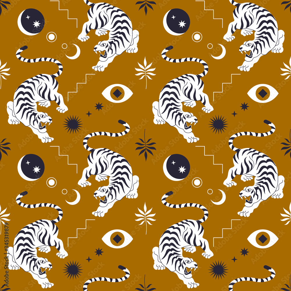 Seamless pattern with chinese tiger in asian style. Beautiful print fabric, wall art, interior, packaging. Floral branch, crescent moon, star, eye. Magic mystery concept. Stock Vector | Adobe
