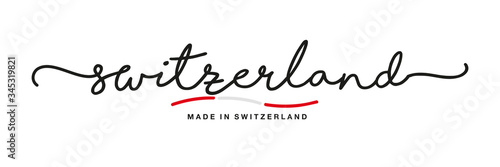 Made in Switzerland handwritten calligraphic lettering logo sticker flag ribbon banner