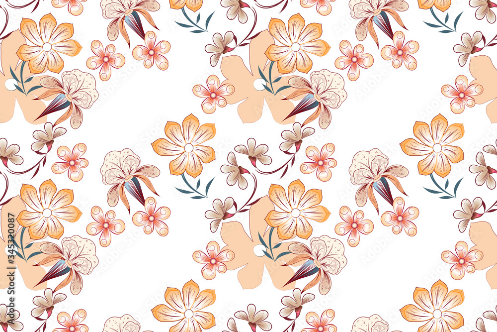Fototapeta premium Cute floral seamless pattern, set of fantasy flowers in warm colorite on a white background, vector illustration for fabric design, wallpaper.