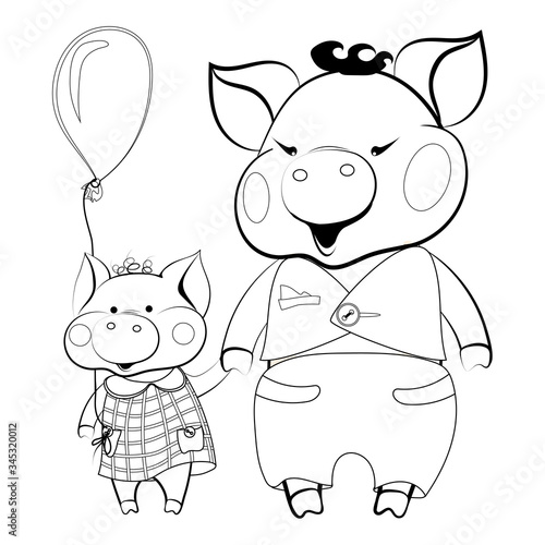 Vector Characters coloring book dad Pig and Son Piggy merrily, holding hands holding the piglet holding a ball. Happy childhood Drawing of a cute cartoon pet.