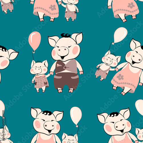 Vector seamless pattern cartoon Characters mom Pig and Son Piggy father and daughter merrily, holding hands holding the piglet holding a ball. design of children's knitwear, textile, wallpaper.