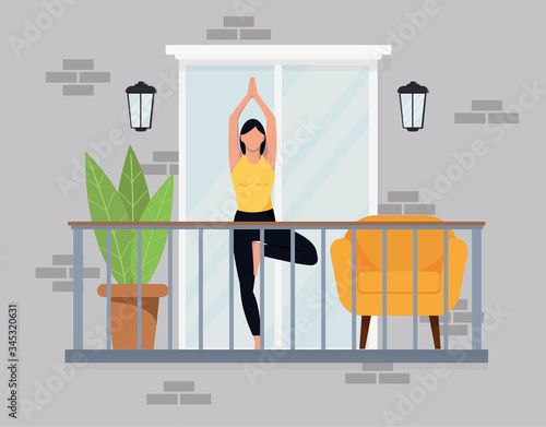 A young slender girl practices yoga on a balcony on a sunny day. Relax and relaxation, sports a healthy lifestyle and losing weight. Occupation in quarantine at home. Flat style. Vector illustration.