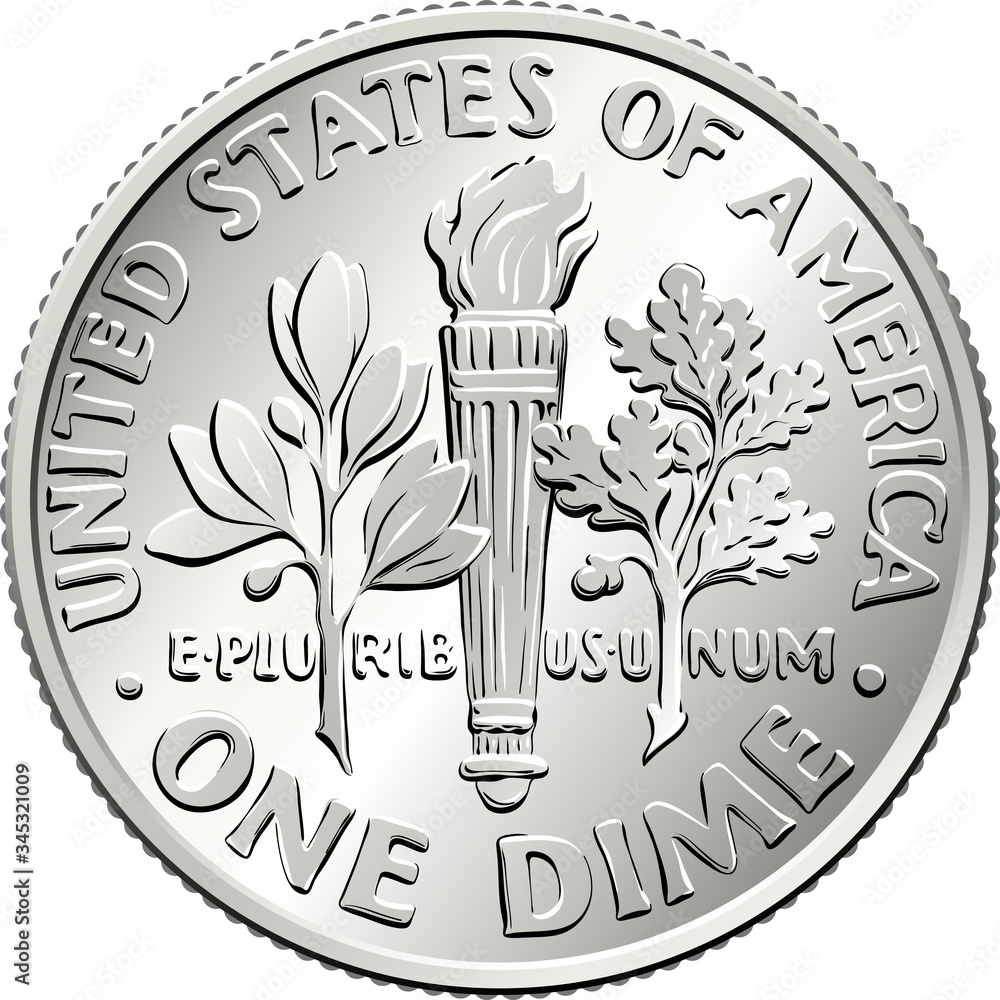 Vettoriale Stock American money Roosevelt dime, United States one dime or  10-cent silver coin, olive branch, torch, oak branch on reverse | Adobe  Stock