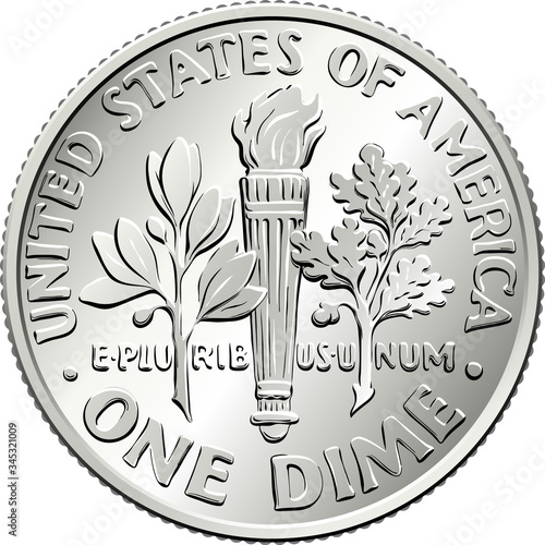 American money Roosevelt dime, United States one dime or 10-cent silver coin, olive branch, torch, oak branch on reverse photo
