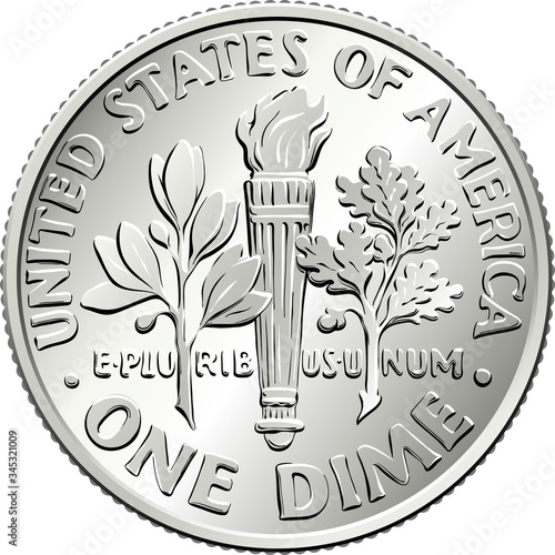 American money Roosevelt dime, United States one dime or 10-cent silver coin, olive branch, torch, oak branch on reverse