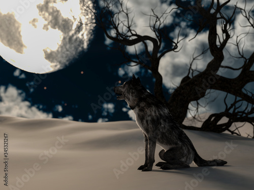 Illustration of a wolf during the full moon in winter with a creepy tree