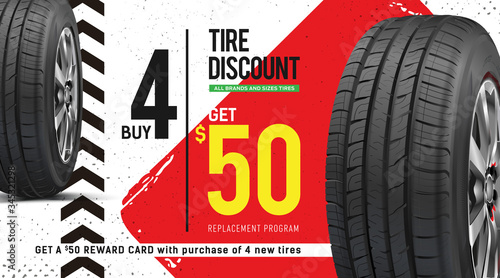 Tire car advertisement poster. Black rubber tire. Realistic vector shining disk car wheel tyre. Information. Store. Action.Landscape poster, digital banner, flyer, booklet, brochure and web design.