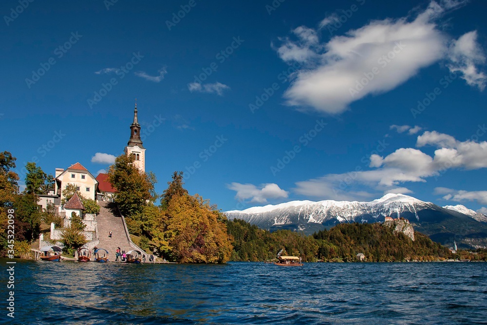 The picturesque island in the middle of Lake Bled, Slovenia