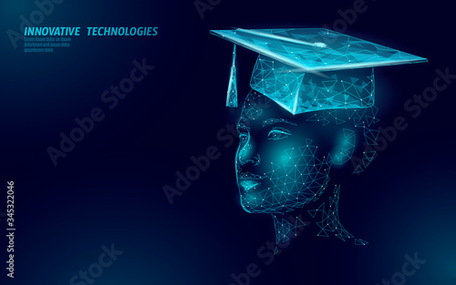 E-learning distance graduate certificate female concept. Low poly 3D render graduation cap webinar training master class banner template. Internet education course degree vector illustration