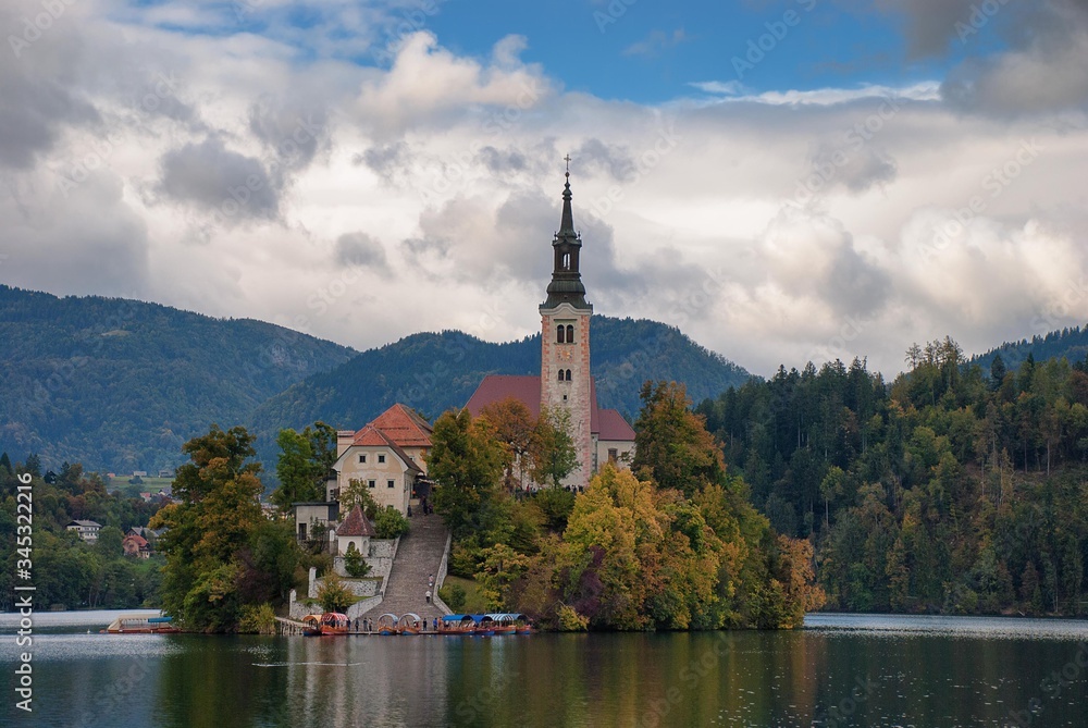The picturesque island in the middle of Lake Bled, Slovenia The picturesque island in the middle of Lake Bled, Slovenia