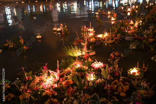 Photography Group of Krathongs in canal at Loy Krathong festival in thailand