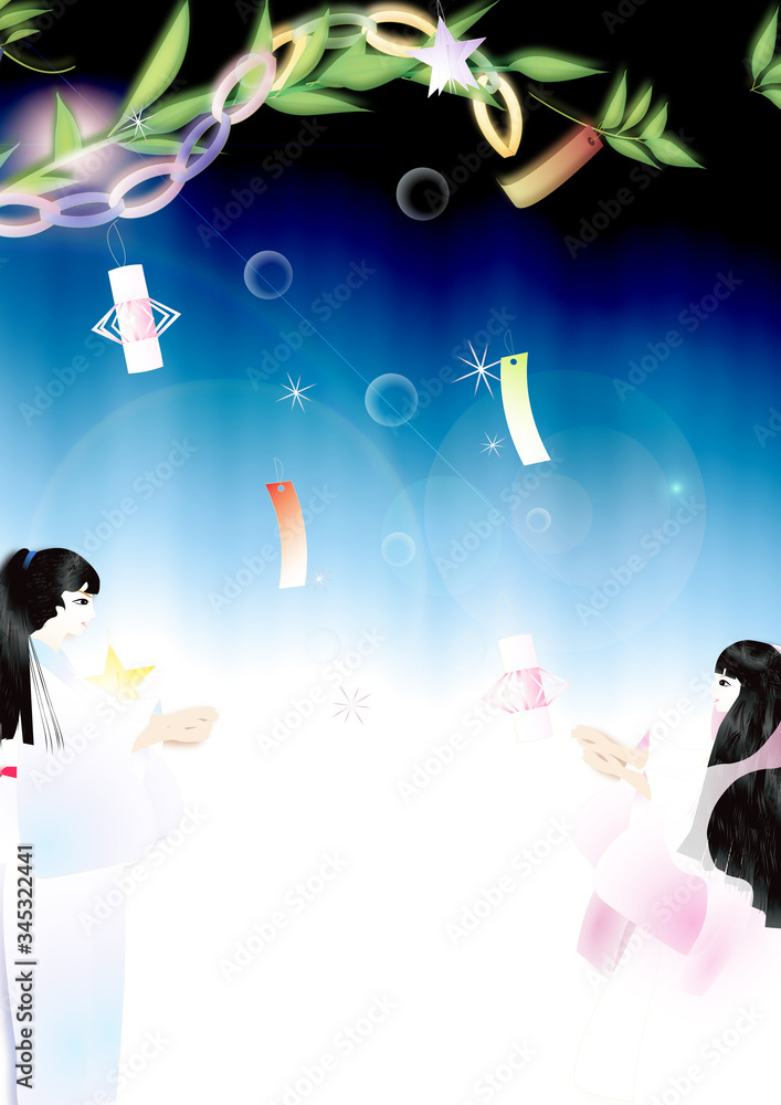 七夕の笹飾りと織姫に彦星出会いの天の川のイラスト縦スタイル背景素材 Stock イラスト Adobe Stock
