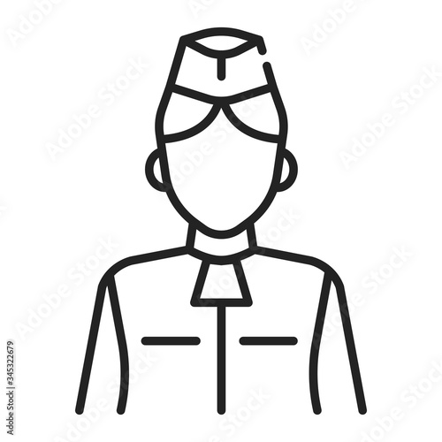 Stewardess black line icon. Member of an aircrew employed by airlines aboard commercial flights. Pictogram for web page, mobile app, promo. UI UX GUI design element.