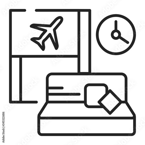 Waiting room black line icon. A special room in the airport, where people wait for their flight. Pictogram for web page, mobile app, promo. UI UX GUI design element.