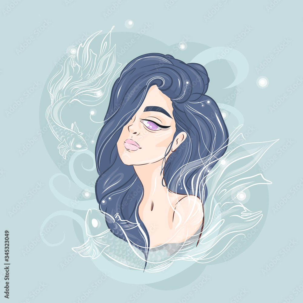 Hand-drawn young beautiful girl with makeup and unusual blue hair. Fashion illustration of a stylish look. Vector for design t-shirts typography cards and posters. Zodiac sign pisces.