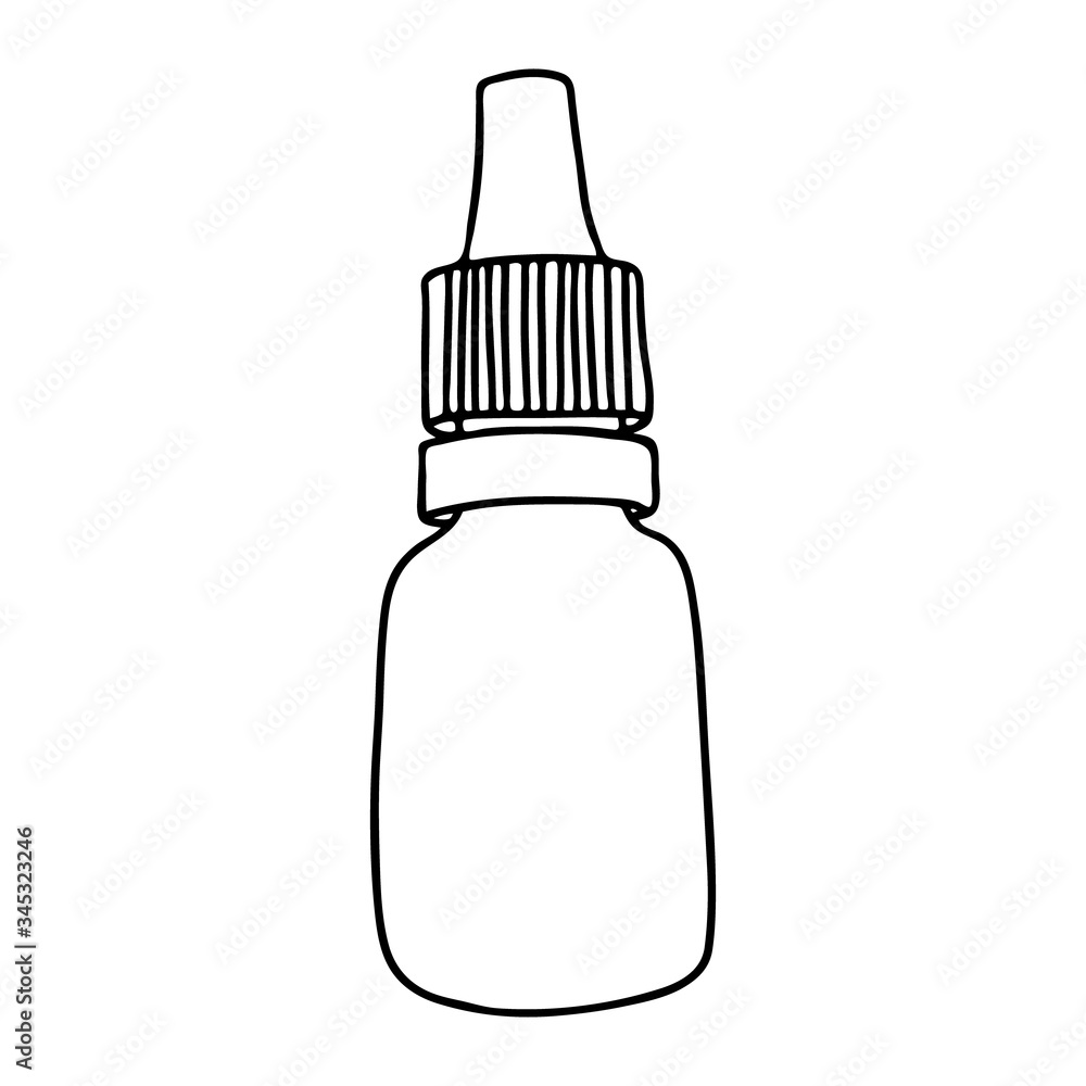 Bottle for drops in the style of Doodle.A small bottle with a lid.Black and white illustration.Monochrome.Hygiene and healthcare products.Vector illustration. Bottle for drops in the style of Doodle.A small bottle with a lid.Black and white illustration.Monochrome.Hygiene and healthcare products.Vector illustration.