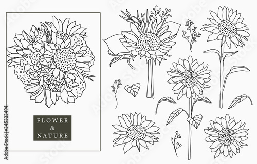 Black sunflower logo collection with leaves,geometric.Vector illustration for icon,logo,sticker,printable and tattoo