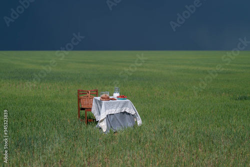 Still life with bread and milk on a table in the middle of a green field .