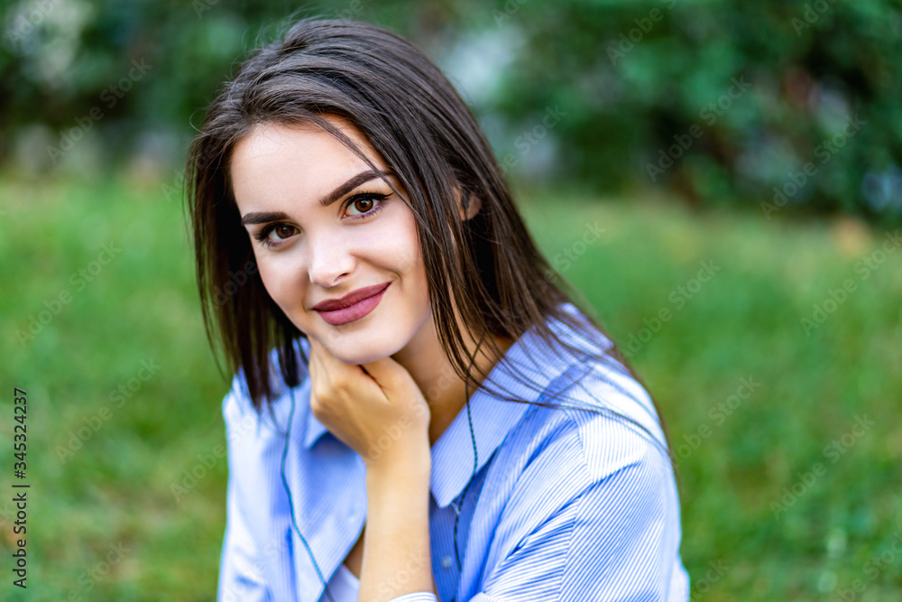 Copyspace portrait, young woman breathing in fresh crisp air, enjoying beauty of nature, isolated outdoors.