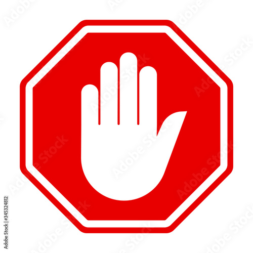 No hand sign on white background. Red stop sign for prohibited activities. Vector illustration.