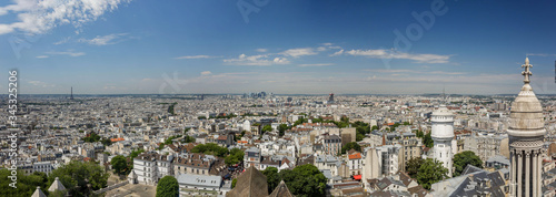 PARIS, FRANCE - JUNE 23, 2016: Super wide panorama. Aerial view from Basilica of the Sacred Heart of Jesus stands at the summit of the butte Montmartre - highest point in the Paris