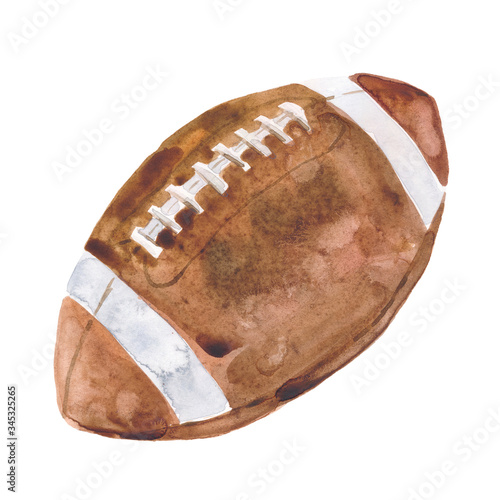 Hand-drawn watercolor illustration: American football ball isolated on white background.