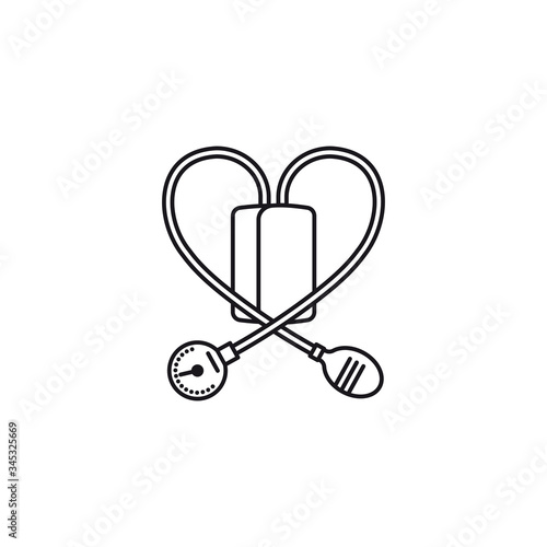 Blood pressure meter with heart shaped tubes vector line icon