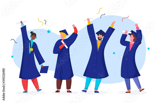 Student graduate vector illustration. Cartoon happy flat graduated people in academic gown robe, graduation cap holding diploma, character celebrating university or school graduation isolated on white
