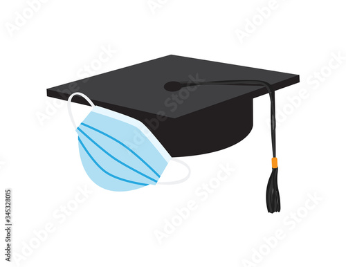 Black Graduation Cap and Light Blue Face Mask on White Background