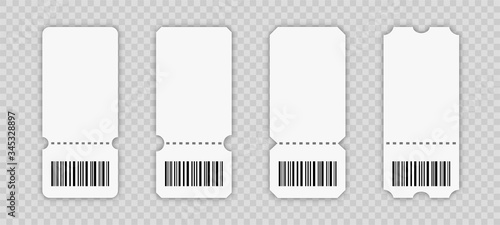 Collection white ticket template. Concert ticket, coupon for design projects. Vector illustration.