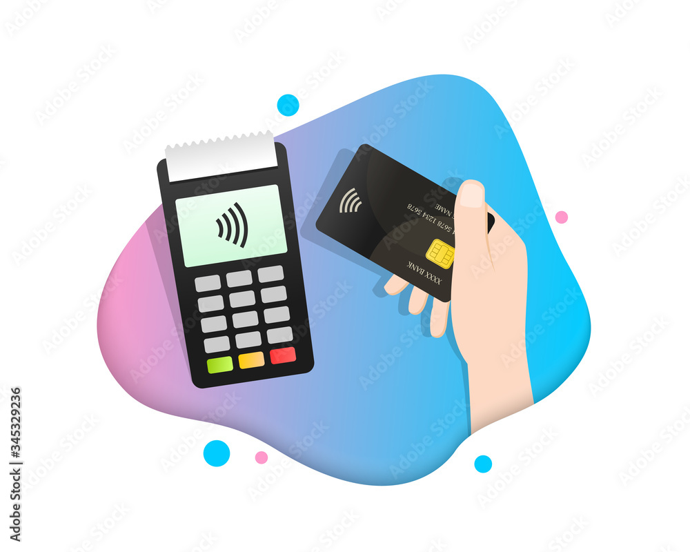 Contactless payment, hand holding credit or debit card close to the POS