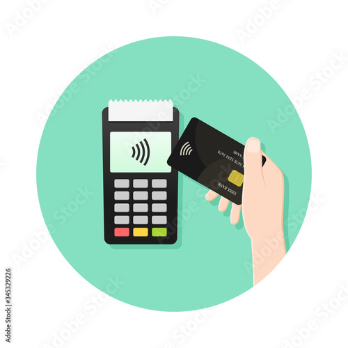 Contactless payment concept with hand tapping card  to the POS (Point of sale) terminal during checkout. NFC (Near Field Communciation) technology, wireless payment sign. Circle icon in flat design.